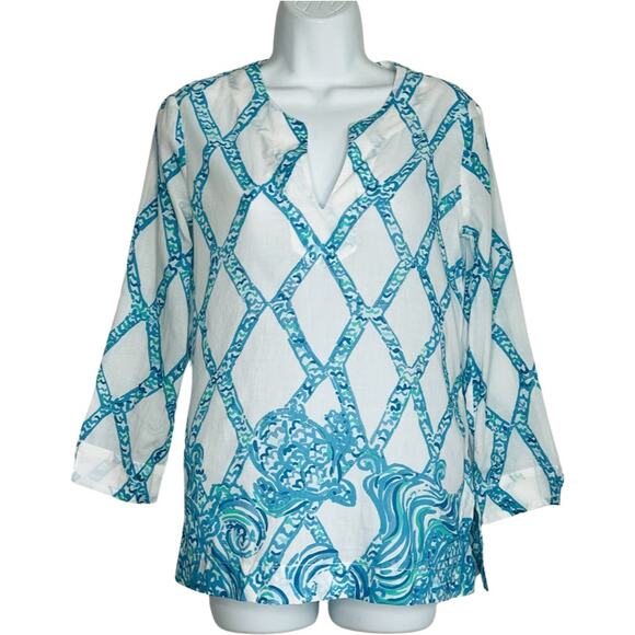 Lilly Pulitzer White Turquoise Amelia Island Tunic Turtle Cove Lattice Sheer XS - Picture 2 of 9